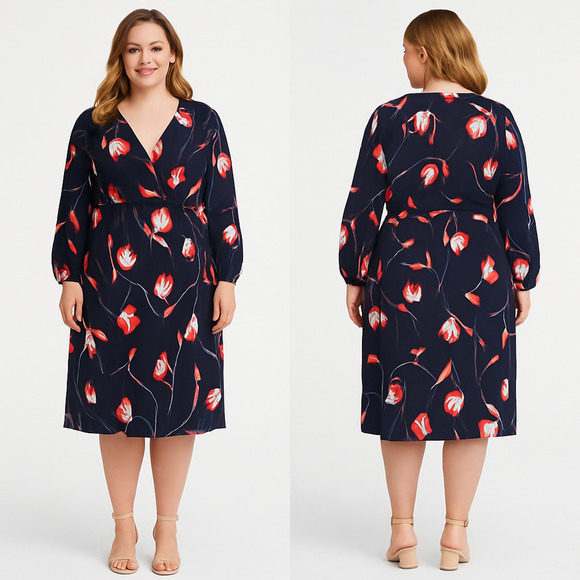 London‎ Time Plus Size Printed Faux-Wrap Dress Navy Rose Women's Size 2X - Picture 1 of 4